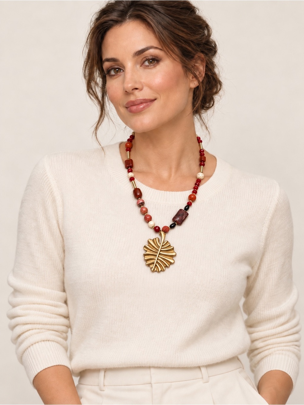 Gold-Tone Leaf Pendant Necklace with Red & Earth-Tone Mixed Beads